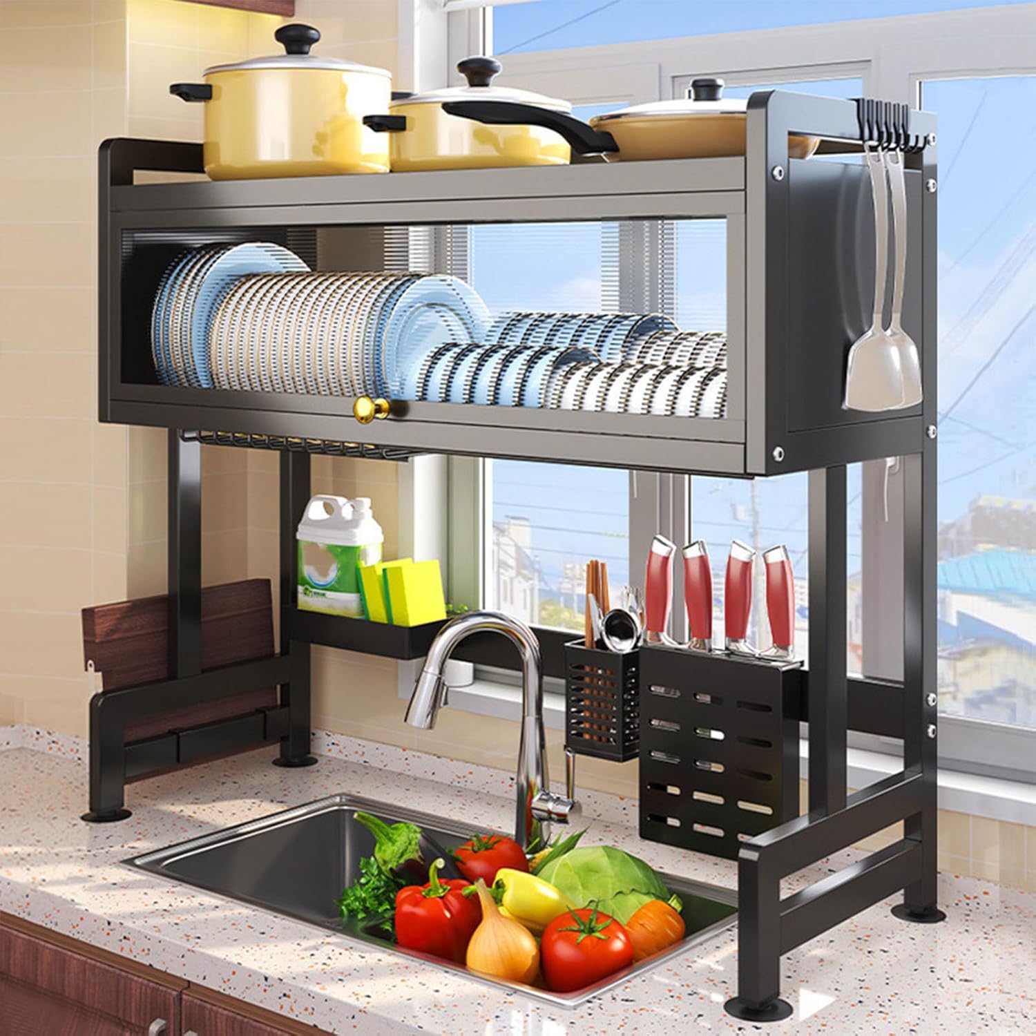 Kitchen Sink Dish Rack, Dust Proof Glass Lid With Multi Organizer