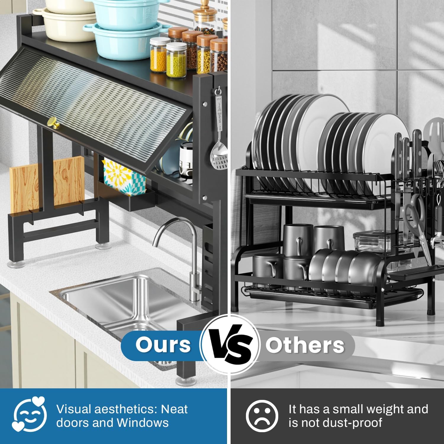 Kitchen Sink Dish Rack, Dust Proof Glass Lid With Multi Organizer