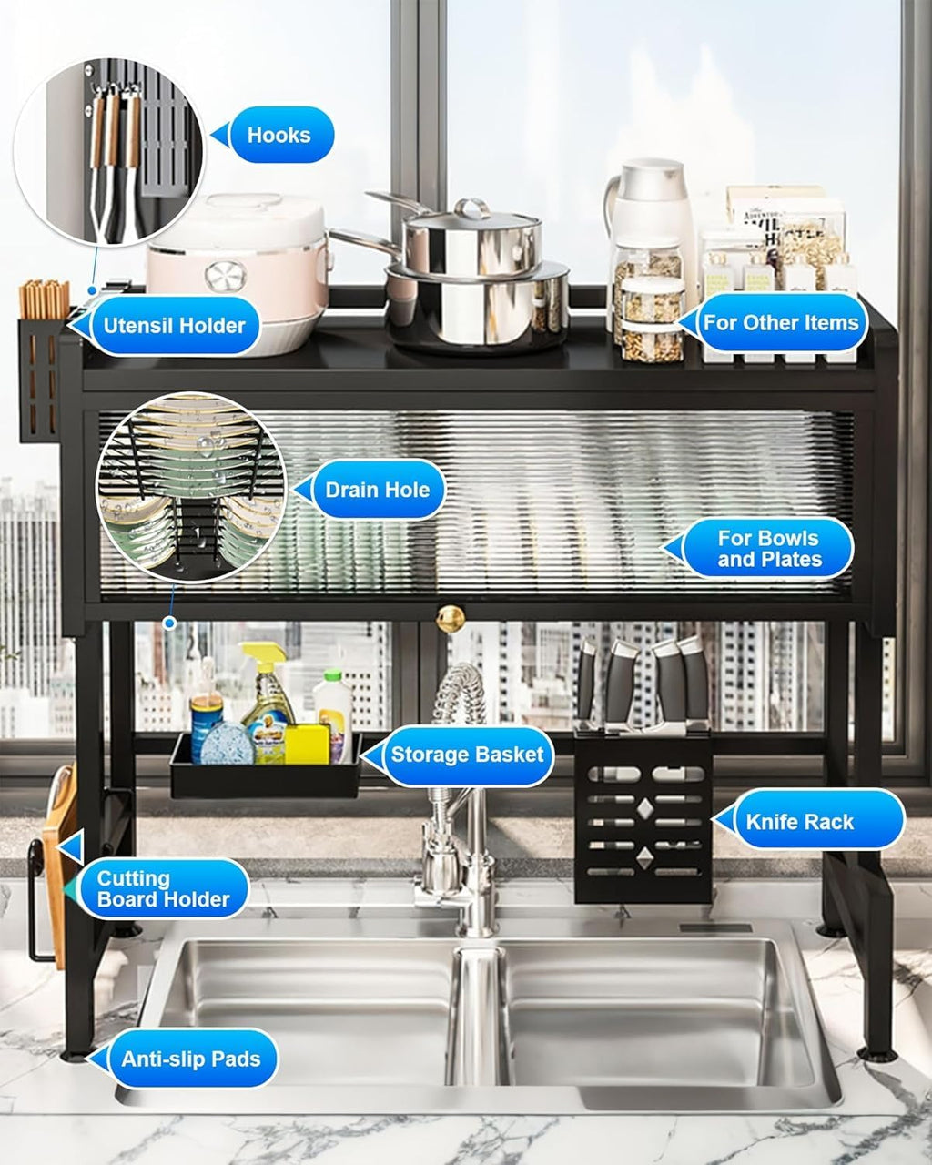 Kitchen Sink Dish Rack, Dust Proof Glass Lid With Multi Organizer