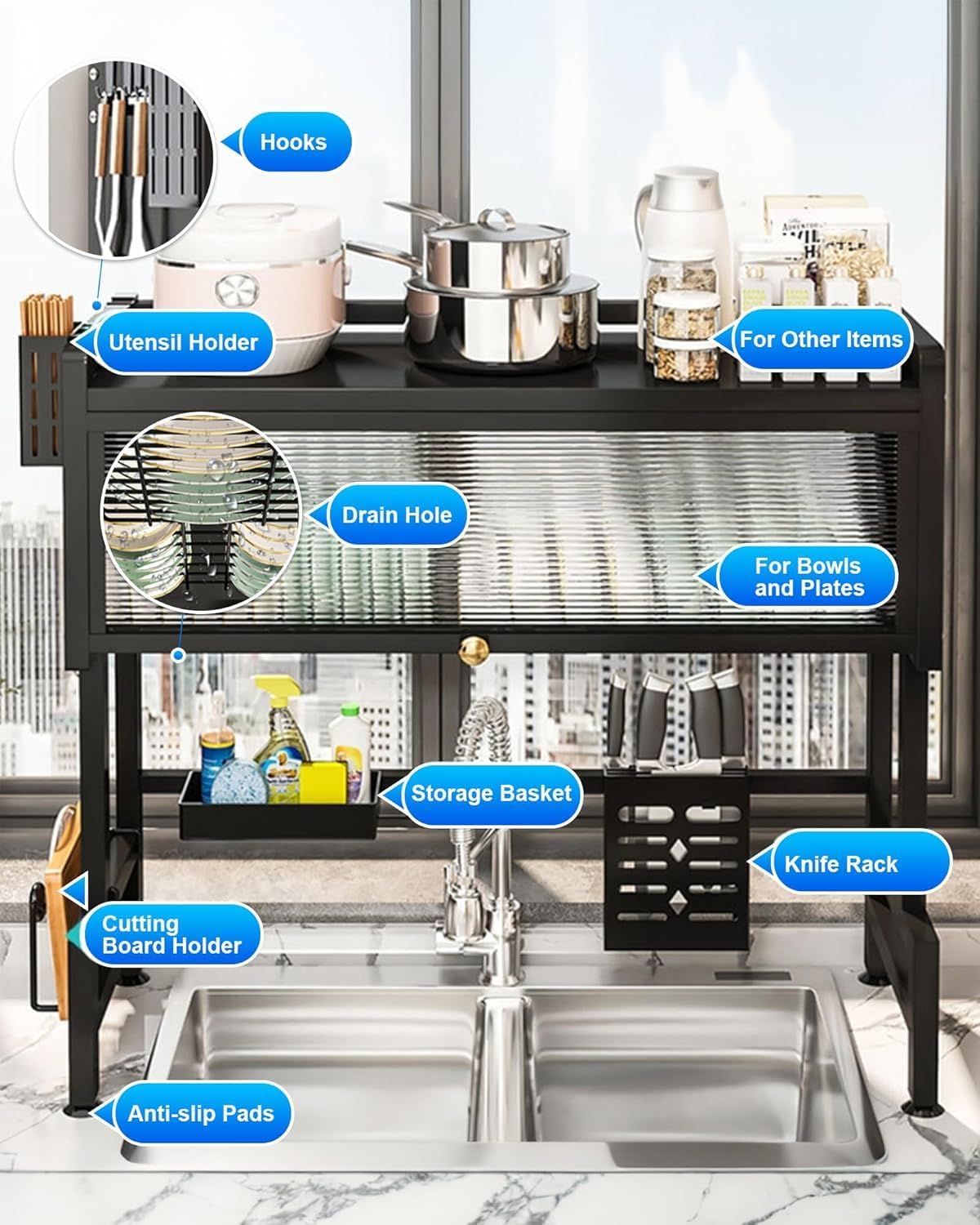 Kitchen Sink Dish Rack, Dust Proof Glass Lid With Multi Organizer